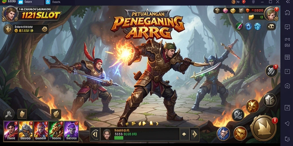 Screenshot gameplay melibatkan pertarungan epik di dunia fantasi.