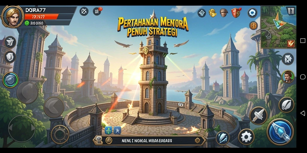 Tampilan gameplay DORA77 yang mengesankan dengan menara dan musuh berjuang.