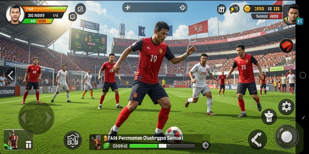 Tangkapan layar gameplay FA99 yang menunjukkan aksi olahraga yang seru.