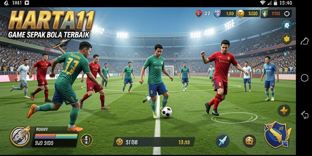 Screenshot gameplay HARTA11 menampilkan aksi mendebarkan dalam pertandingan sepak bola.