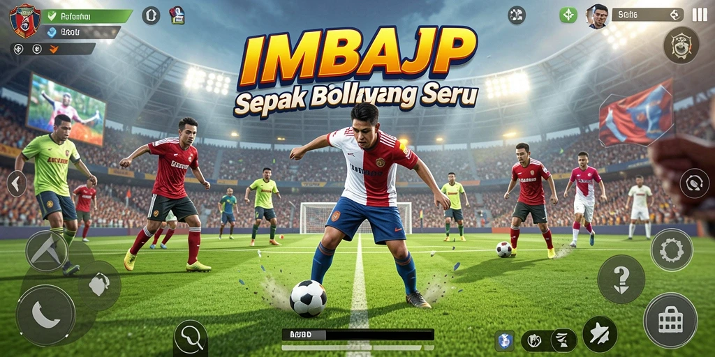 Tangkapan layar gameplay IMBAJP yang menampilkan aksi sepak bola seru.
