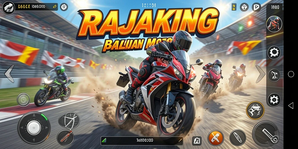 Screenshot gameplay RAJAKING menampilkan aksi balapan motor yang mendebarkan.