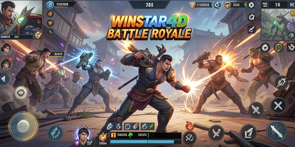 Screenshot utama WINSTAR4D menampilkan aksi mendebarkan dalam permainan Battle Royale.